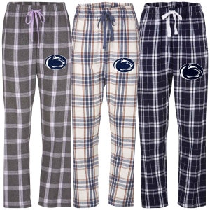 women's charcoal, natural oatmeal, and navy plaid flannel pants with Penn State Athletic Logo on left thighs